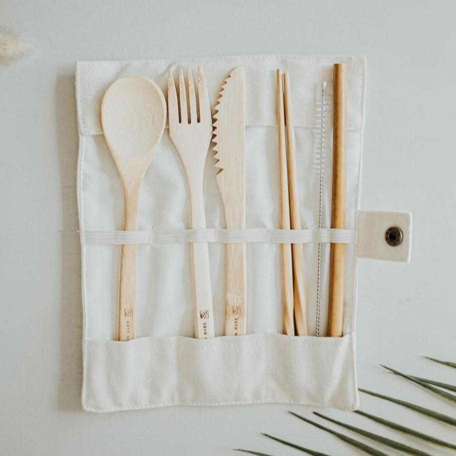 Travel Bamboo Utensil Set With Pouch Zero Waste MVMT Beige 