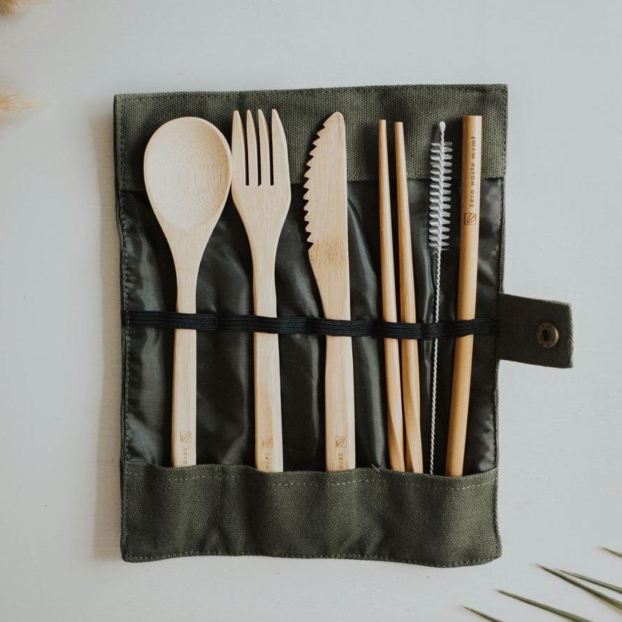 Travel Bamboo Utensil Set With Pouch Zero Waste MVMT Green 